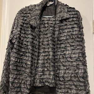 Caroline Rose Luxe Black and Silver Paisley Open Front Blouse Jacket and Tank